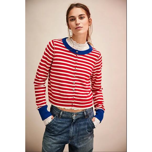 NEW Free People Nocturnal Stripe Cardi Small Wool Cashmere Red White Blue - Picture 1 of 10